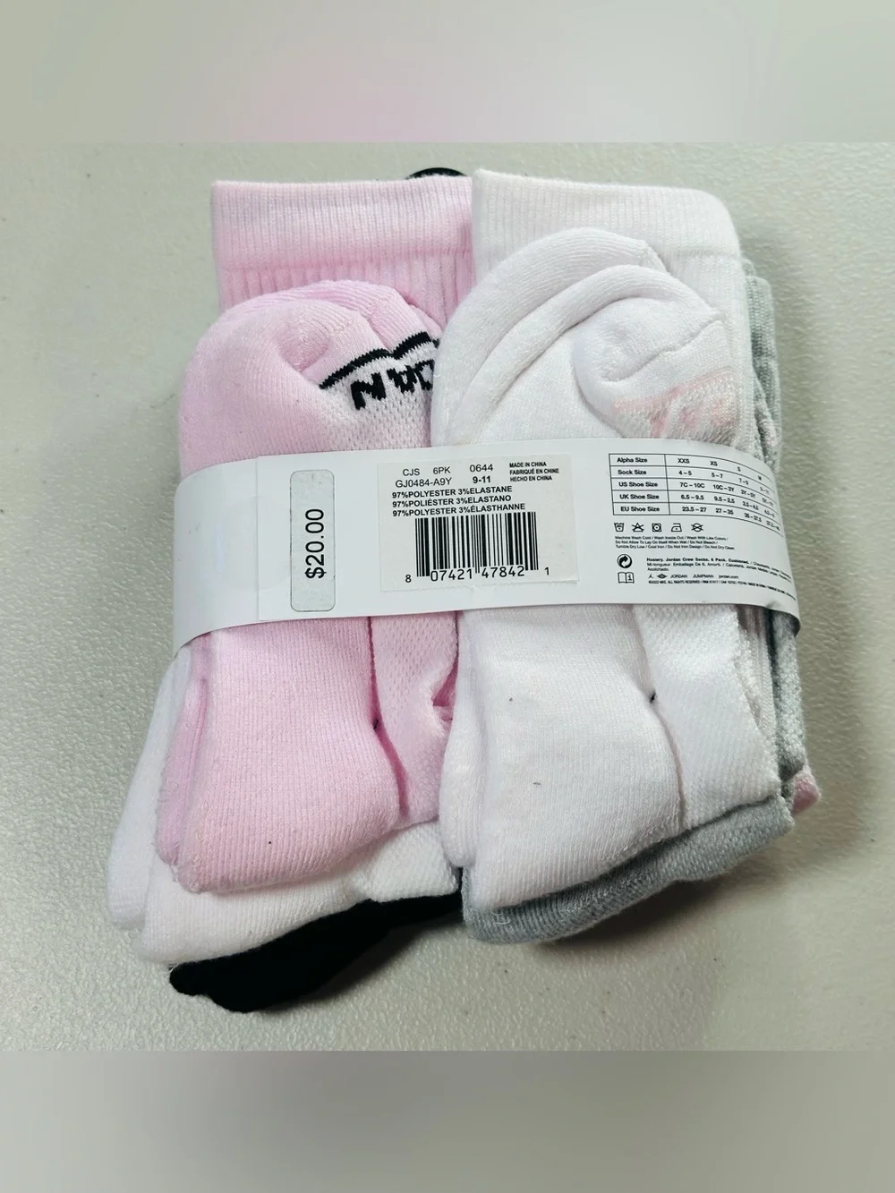 Jordan Kids Crew Socks Pack - Pink, Black & White pack of 6